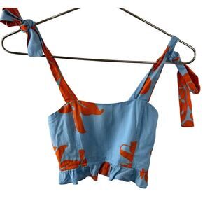 Nauty Blue Blue Orange Floral Tie Shoulder Ruffled Smocked Crop Top Girls XXS